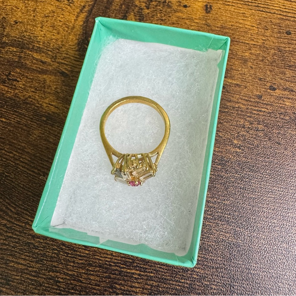 Pink Stone Ballerina Ring Crystal Baguette Cluster Fireworks Gold Plated Vintage - Picture 3 of 14
